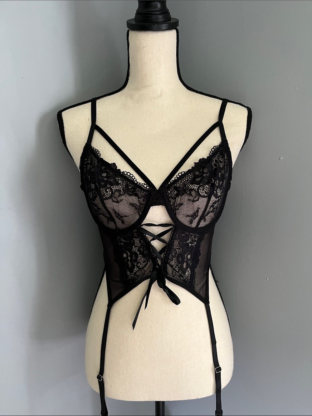 Black Lace Strappy Bustier with Garter - Women Intimates